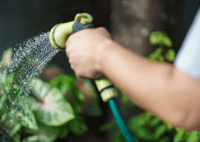 Hand holding a watering hose above plants