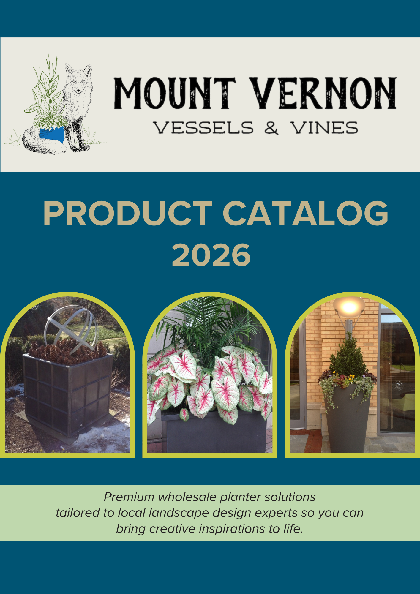 Catalog cover page with three photos of planters in a landscape.