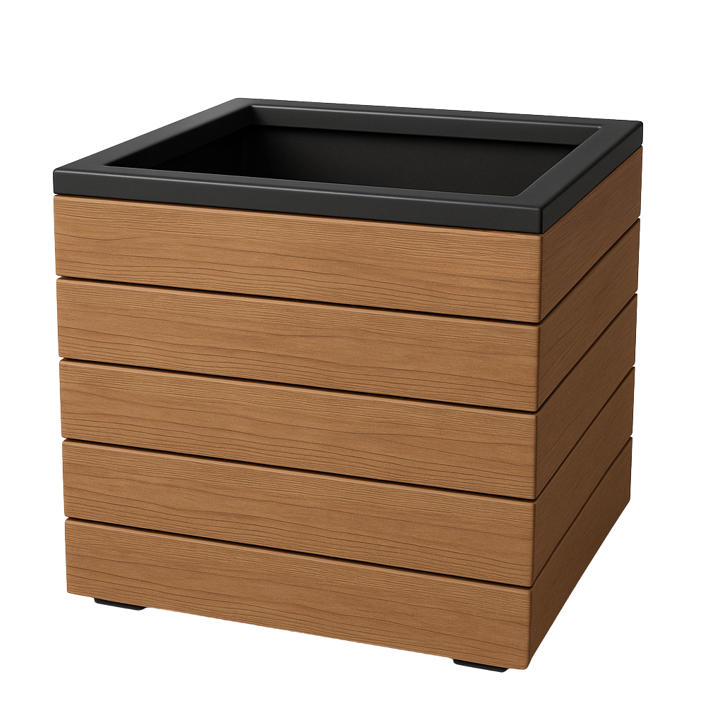 Square planter with black metal edge and cladded wood finish